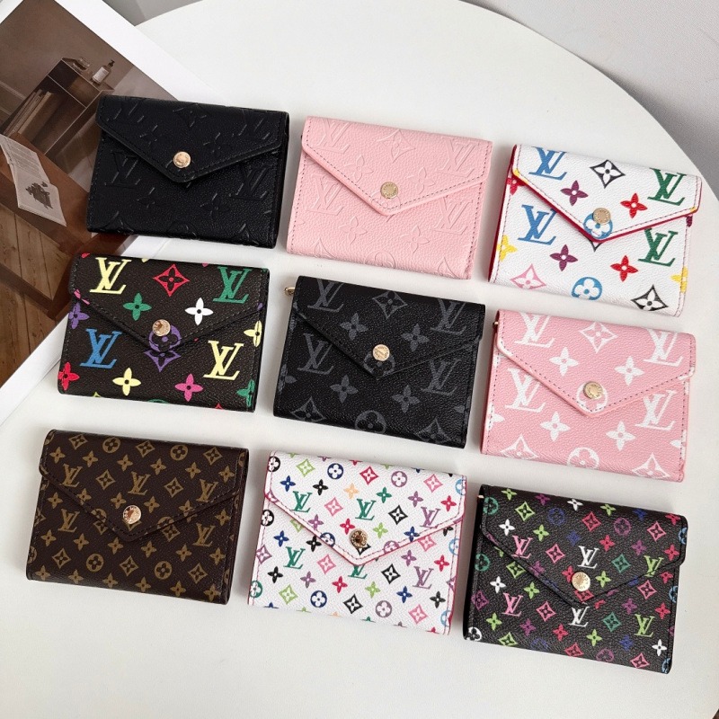 LV Colorful Flowers Embroidered Print Tri-fold Card Case Triangle Wallet Card Case Card Holder