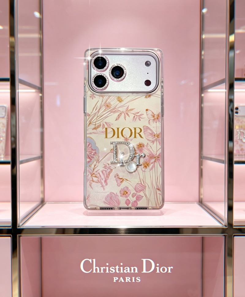 Dior - Pink Flowers - Sparkling Diamond Square Four Corners Anti-Slip iPhone Case