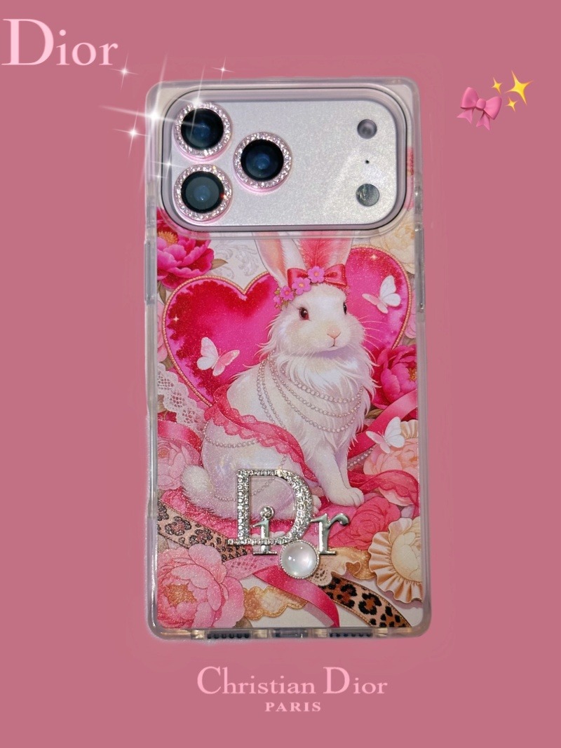 Dior - Pink Rabbit - Diamond-encrusted Square Four-Sided Anti-Slip iPhone Case