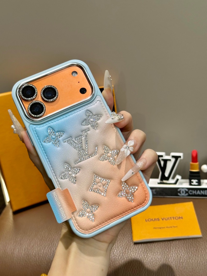Lv /PRADA /YSL Old Flower Embossing·Gradient Macaron Rhinestone Silver Plated Phone Case