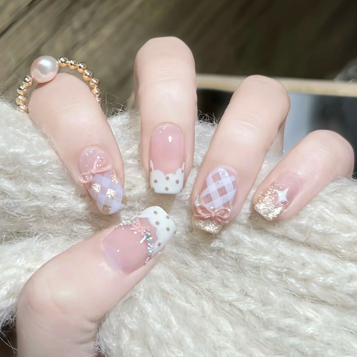 Daily Short Nail Artifact Pink Cat Eye Bow Wear Nail Artisanal