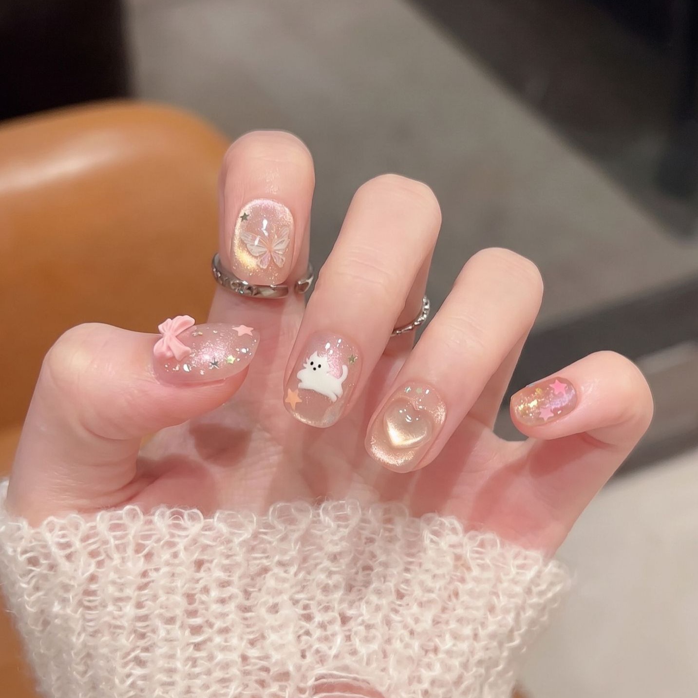 Dariuson【Butterfly Meow】Pure hand-wearing nail short cute style cat eyes butterfly manicure hand-painted cat