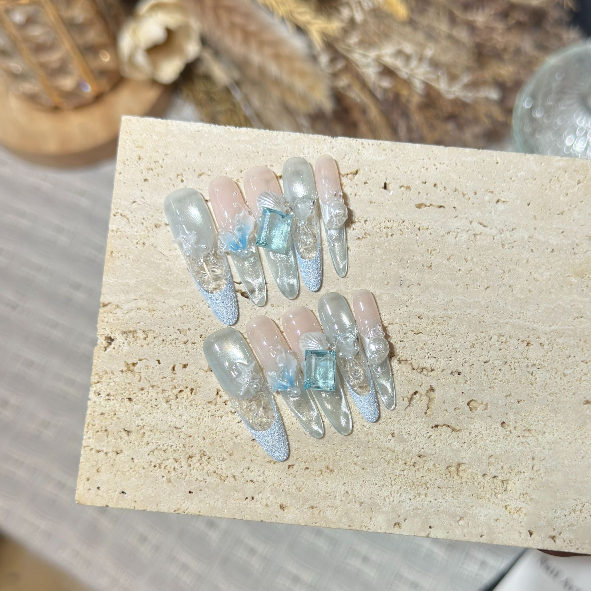 【Ocean Princess】Advanced Ice Rippled French Cat Eye Nail Shell Mermaid Hand Wearing Armor