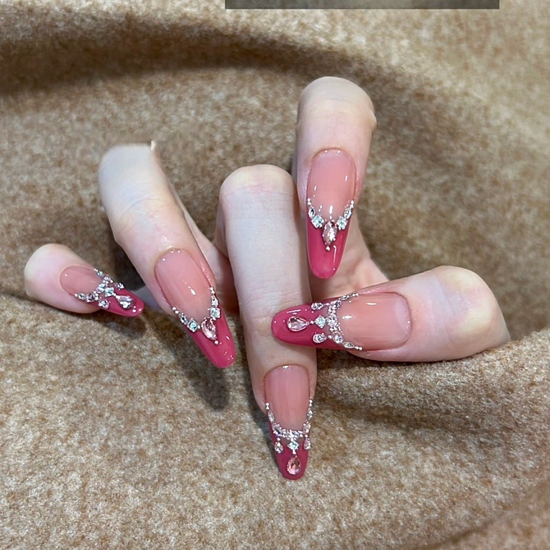 【Girls' Generation】Sweet Elegance Pink French Nail Polish Zircon Diamond Necklace Wear Armor Handmade