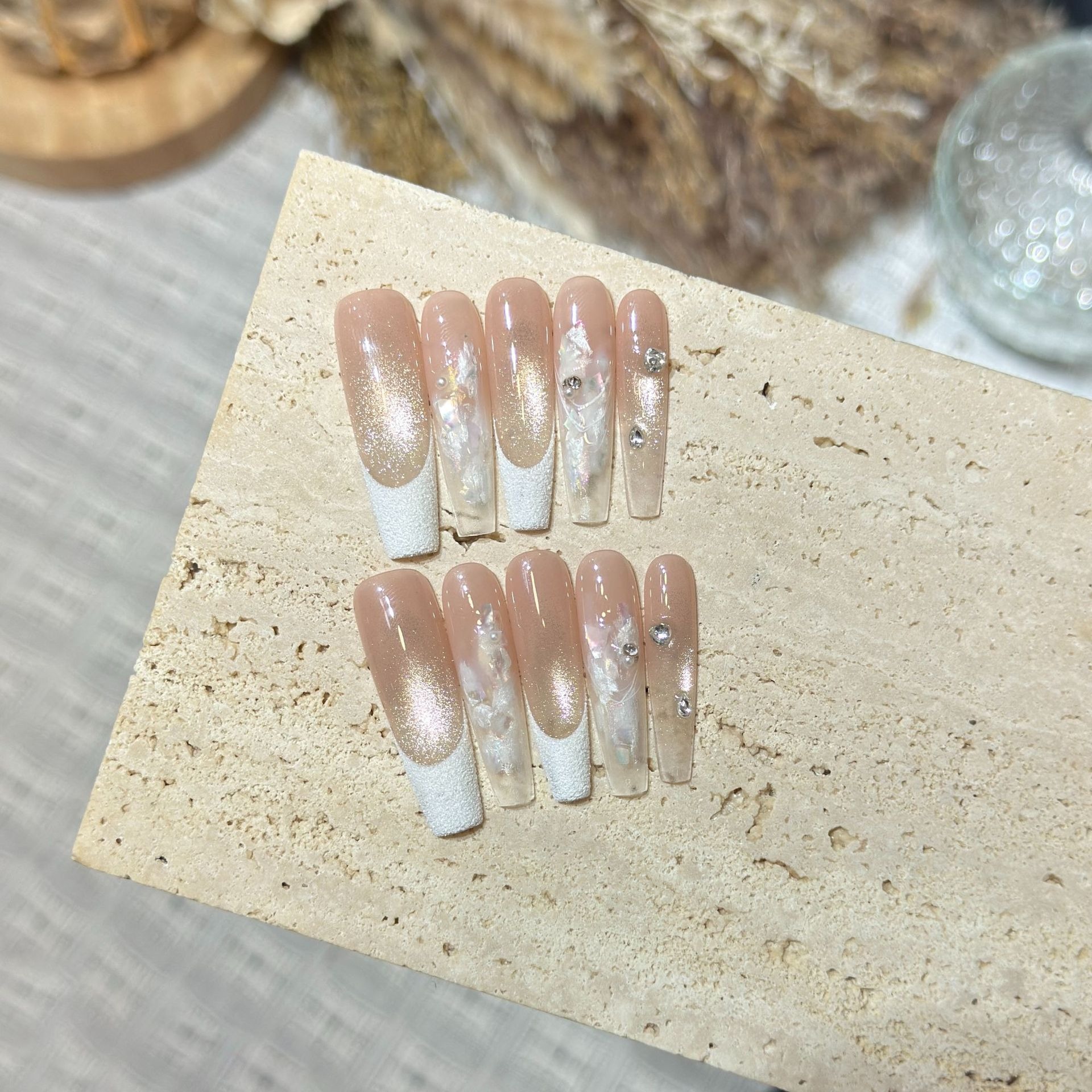 【Yun Jin Zhaohua】Gentle Naked Cat's Eye Nail Art Aurora Fritz French Fragment Diamond Wear Armor Piece