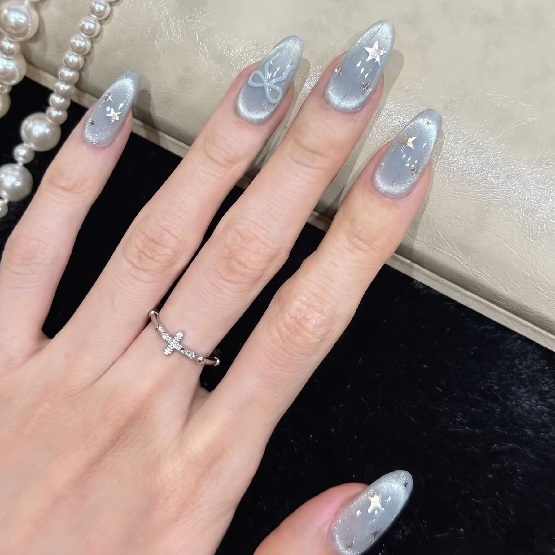 Ice blue quenched glass beads cat eye blush nail polish meteor bow