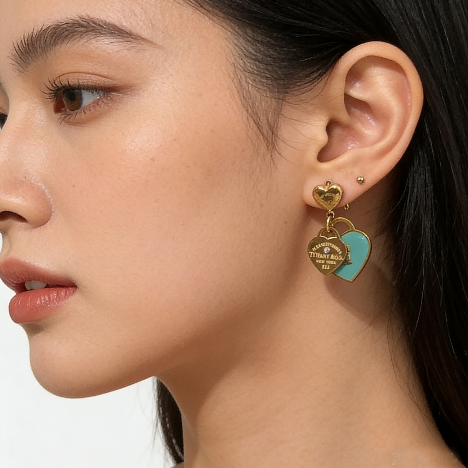 Tiffany Heart Earrings Stainless Steel Stud Earrings Korean all-match fashion earrings Blue Pink Enamel Light Luxury