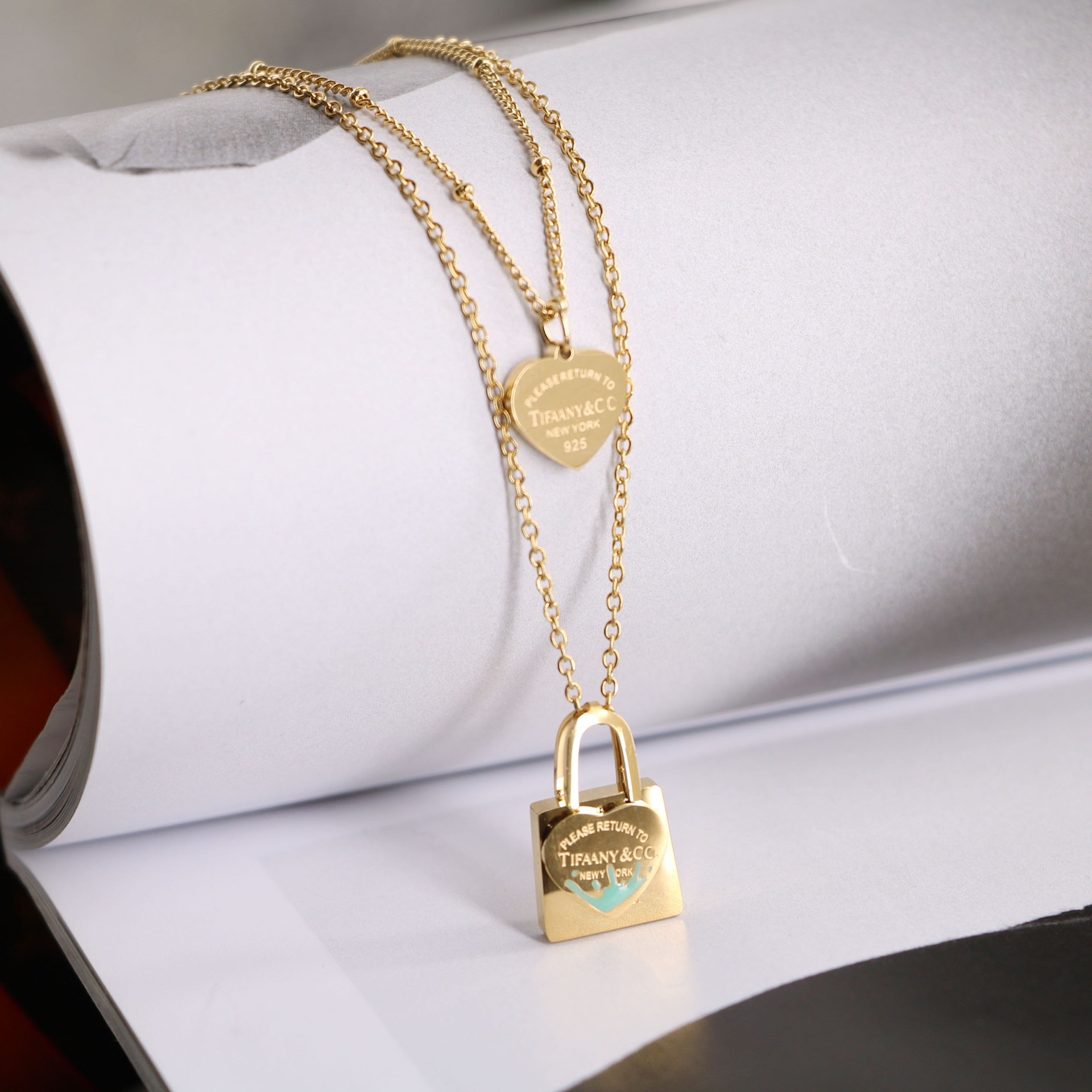 Tiffany Titanium Steel Classic Blue Drip Lock Heart Double Layer Necklace Women 18k Gold Sweet Style Clavicle Chain
