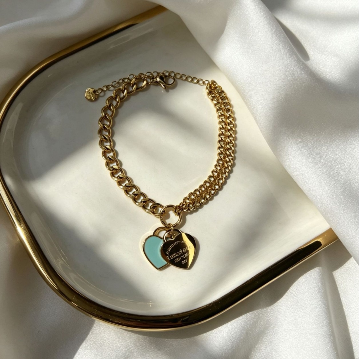 Tiffany Titanium steel 18k women gold classic blue heart asymmetric bracelet Trendy commute versatile