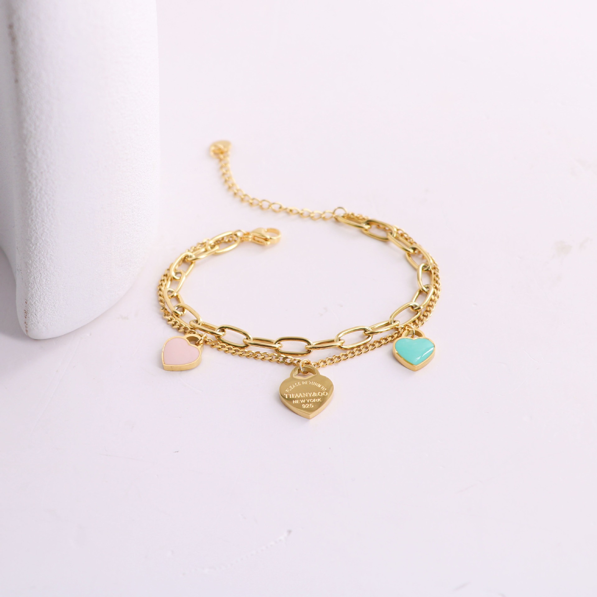 Titanium Steel Korean Style Fashion Age Reduced Girl Sense Pink Blue Oil Drip Print Love Pendant Double Layer Bracelet Women