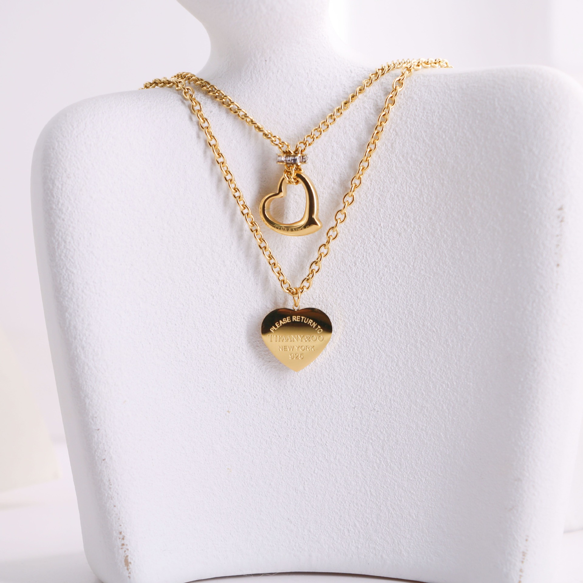 Titanium steel French Vintage Elegant Print Heart Hollowed Out Heart Pendant Double Layer Necklace Women's Collar Bone Chain