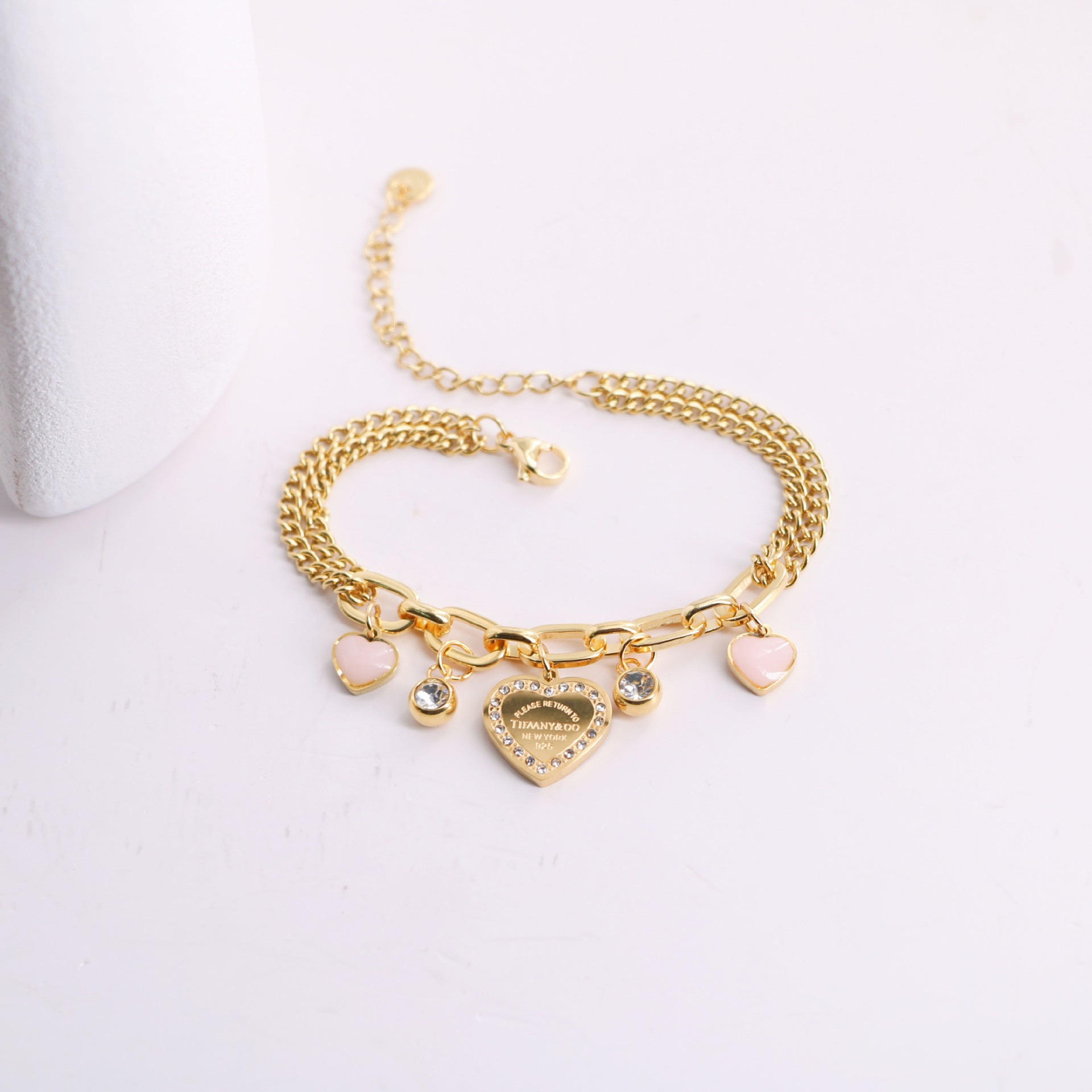 Titanium steel Korean 18k Gold Blue Pink Drip Oil Heart Diamond Double Chain Stitching Premium Bracelet Women