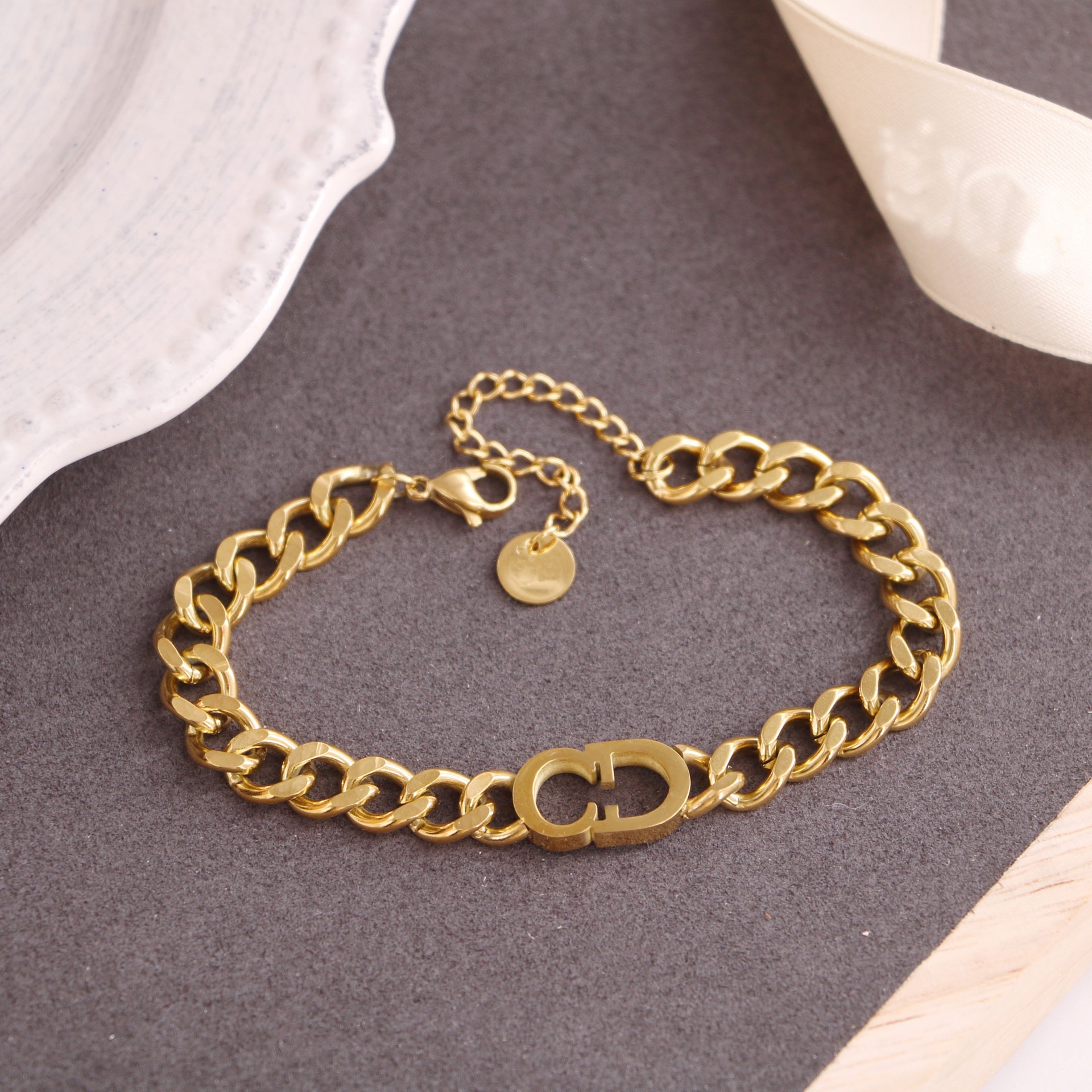 DIOR Titanium steel Metallic lettering cd Thick Chain Necklace Bracelet Set European and American simple punk necklace