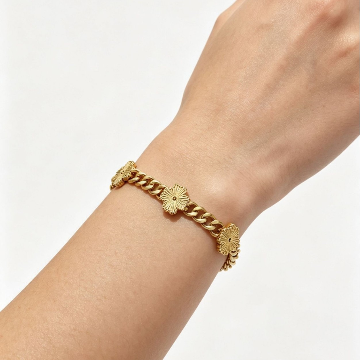 Titanium steel 18k Golden French Vintage 3 Multi Four Leaf Metallic Thick Chain Bracelet