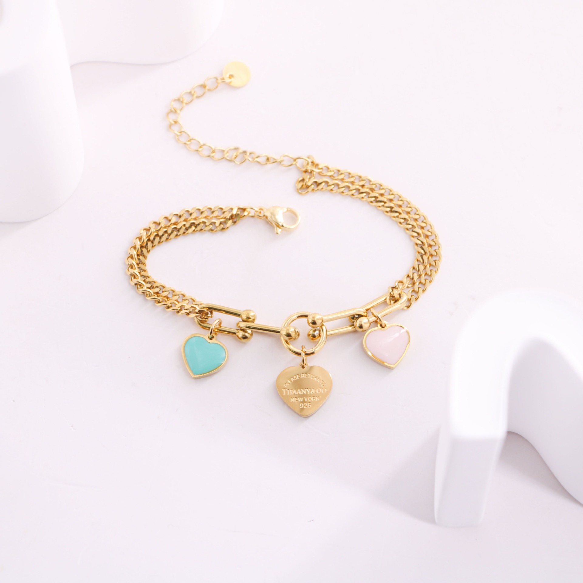Titanium steel Korean classic horseshoe buckle and double chain splicing blue pink drip oil love pendant bracelet women