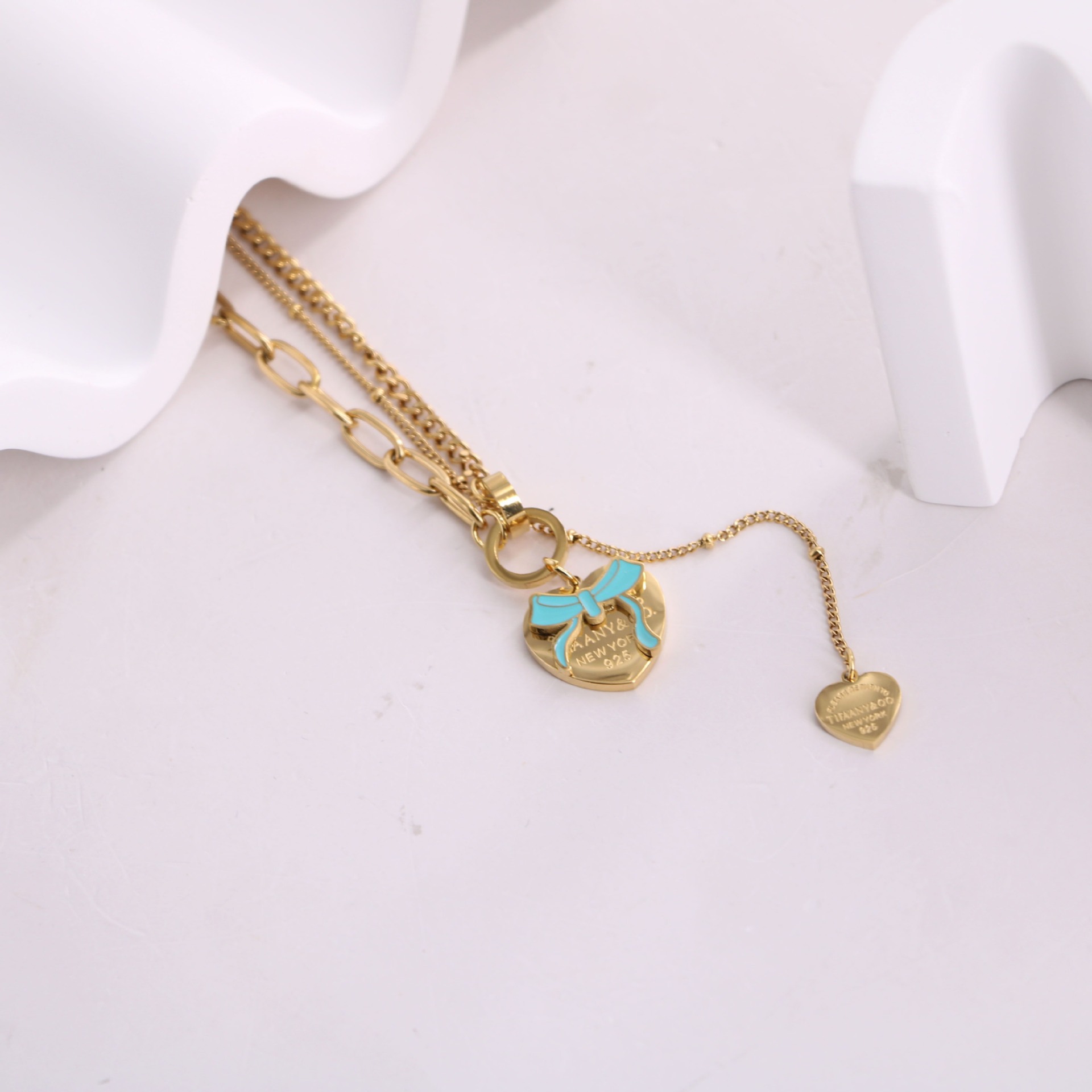 Tiffany Titanium Steel French Elegance Classic Blue Drip Bow Love Pendant Tassel Necklace