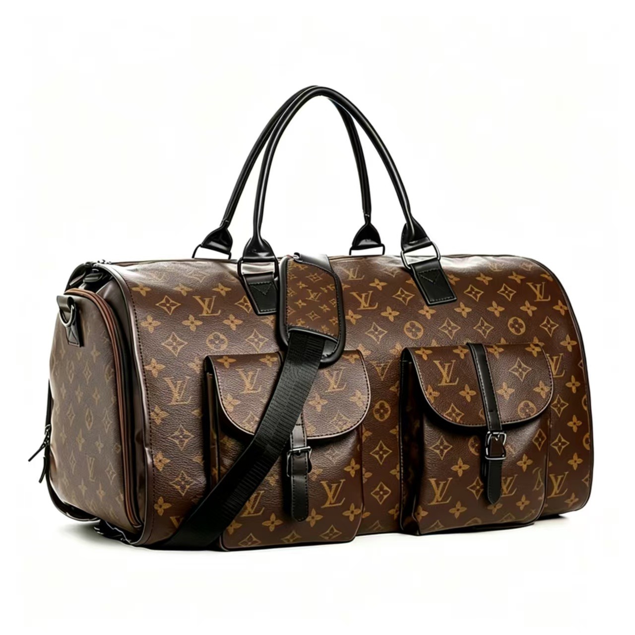 Leather-printed luggage bag with handle and wheels.