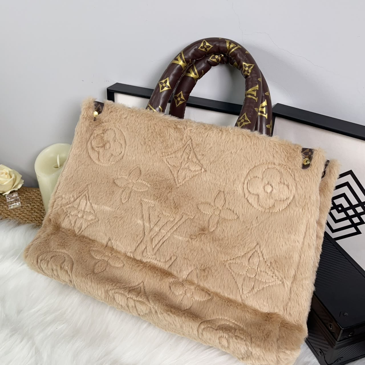 Designer shoulder strap plush tote bag